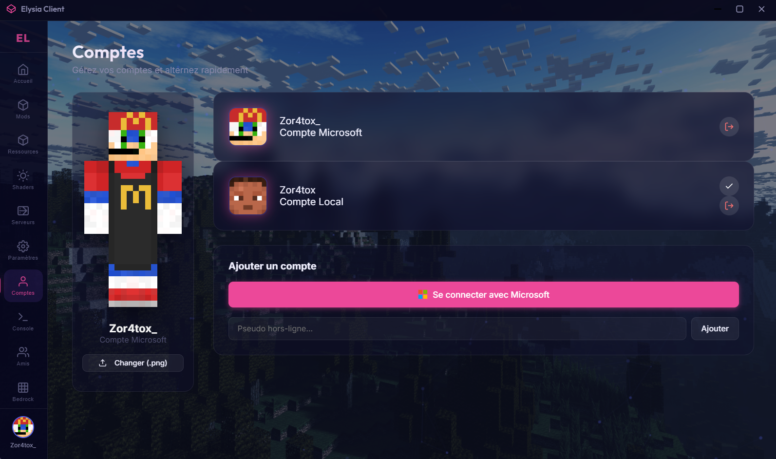 Onglet Comptes du launcher Elysia Client