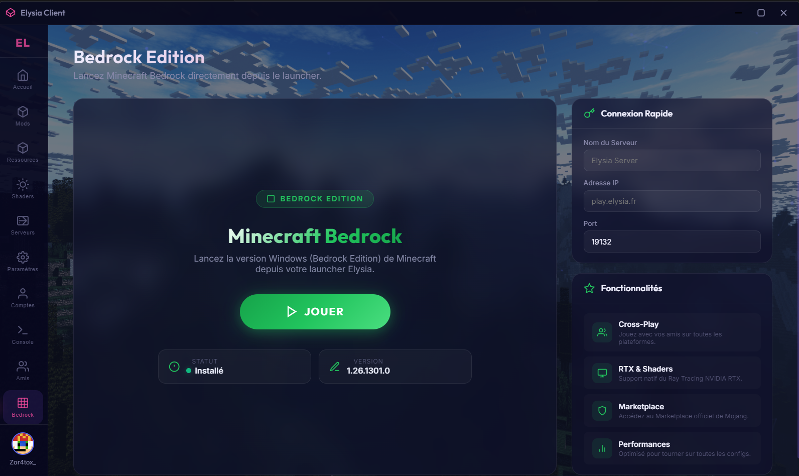 Onglet Bedrock du launcher Elysia Client
