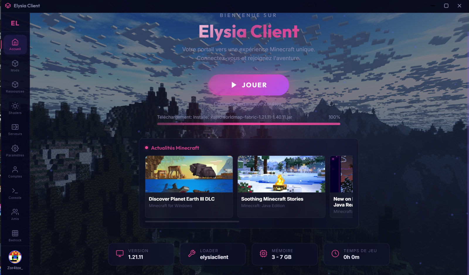 Vue alternative de l'accueil Elysia Client