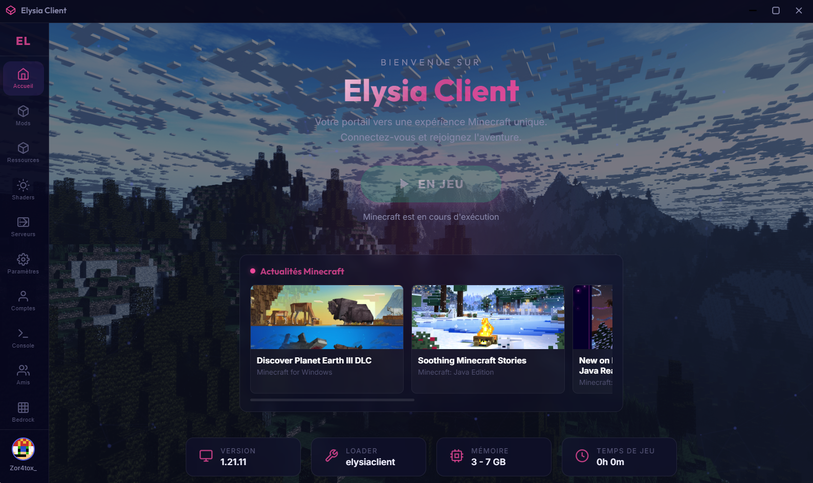 Écran d'accueil du launcher Elysia Client
