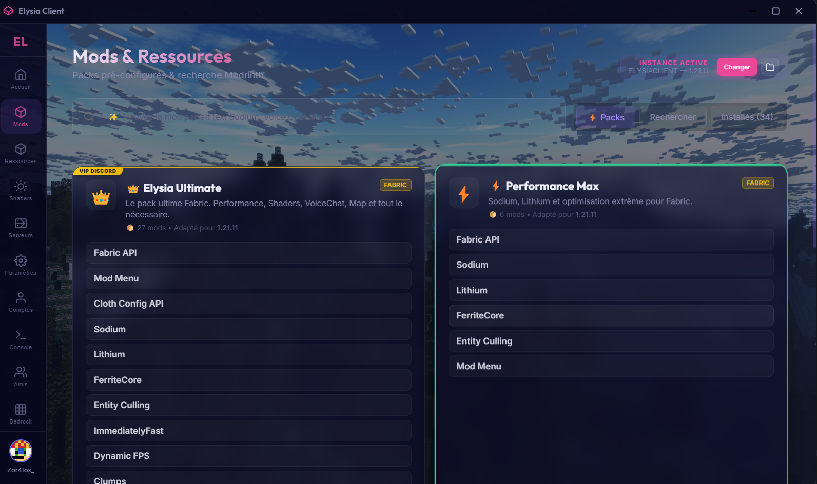 Onglet Mods du launcher Elysia Client