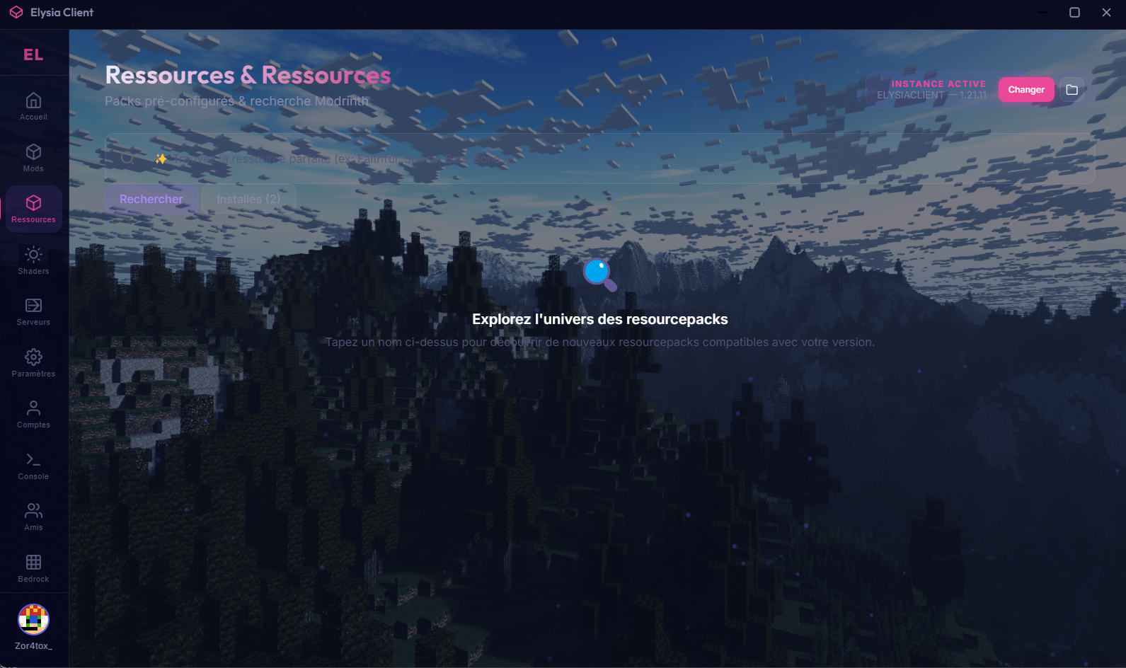 Onglet Ressources du launcher Elysia Client