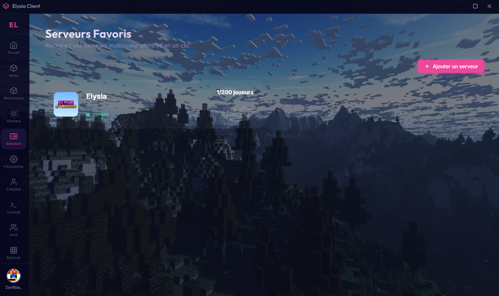 Onglet Serveurs du launcher Elysia Client