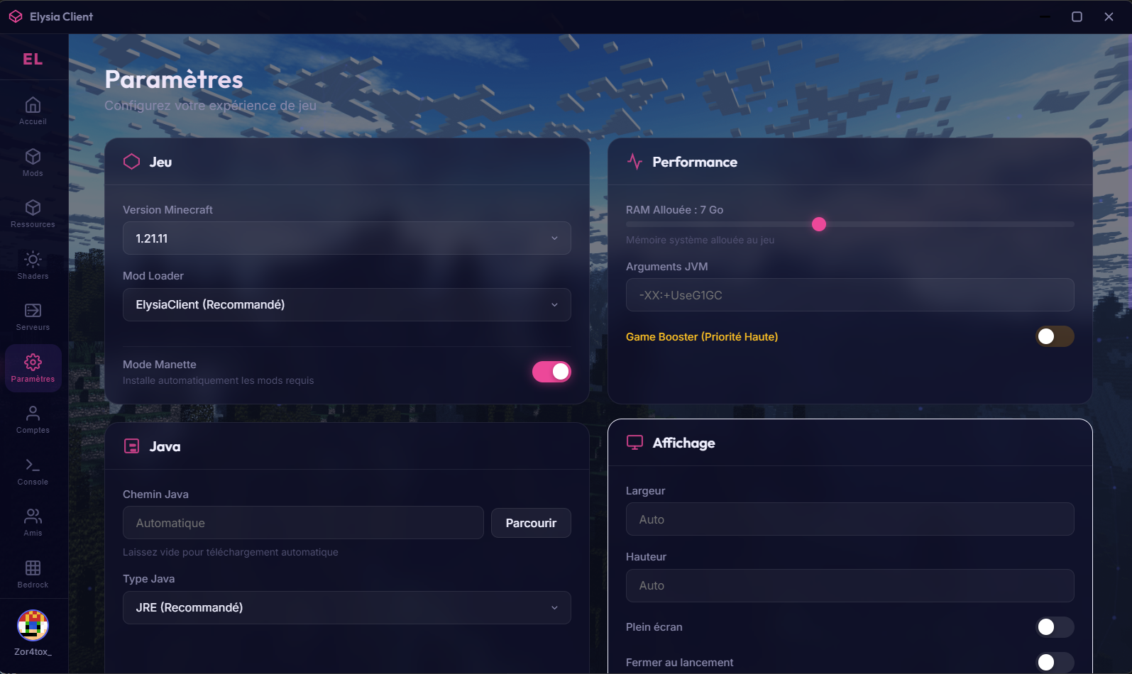 Onglet Paramètres du launcher Elysia Client