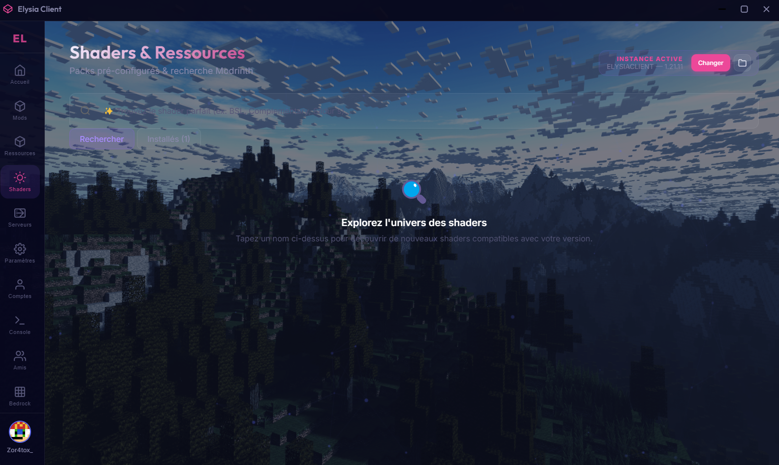 Onglet Shaders du launcher Elysia Client