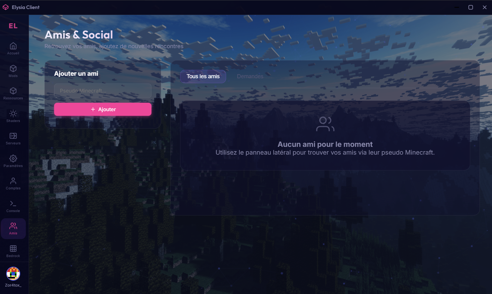 Onglet Amis du launcher Elysia Client